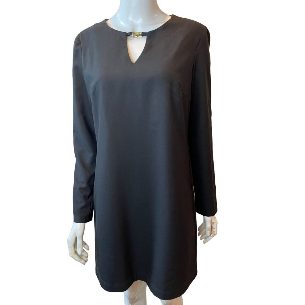 Incity Women's Shift Mini Dress Long Sleeve Front Keyhole Round Neck Black SZ 40